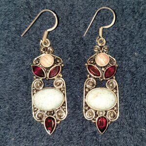 Victorian Genuine NATURAL Garnet, Rhodolite & Variscite 925 Silver Earrings